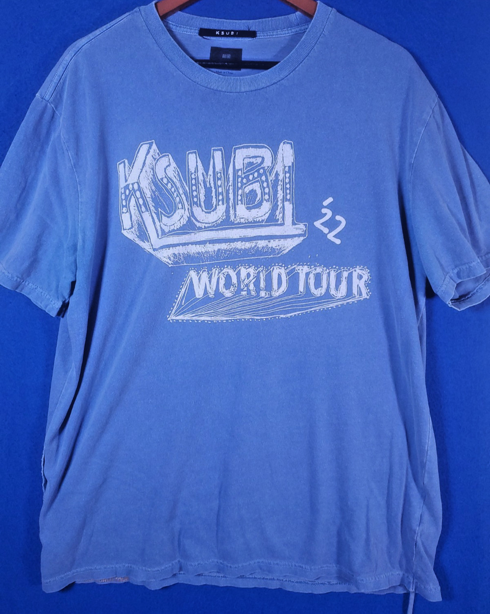 Ksubi World Tour Graphic Tee Shirt Mens XL Blue Cities Kash Distressed Boxy